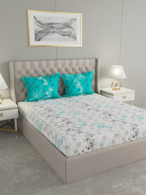 

Raymond Home Off-White & Grey Floral Printed 144 TC Cotton 1 Double Queen Bedsheet With 2 Pillow Covers