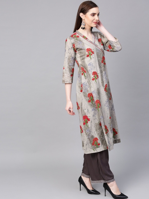 

ZOEYAMS Women Grey & Red Floral Printed A-Line Pure Cotton Kurta