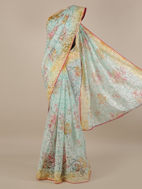 Pothys Blue Printed Jute Silk Saree