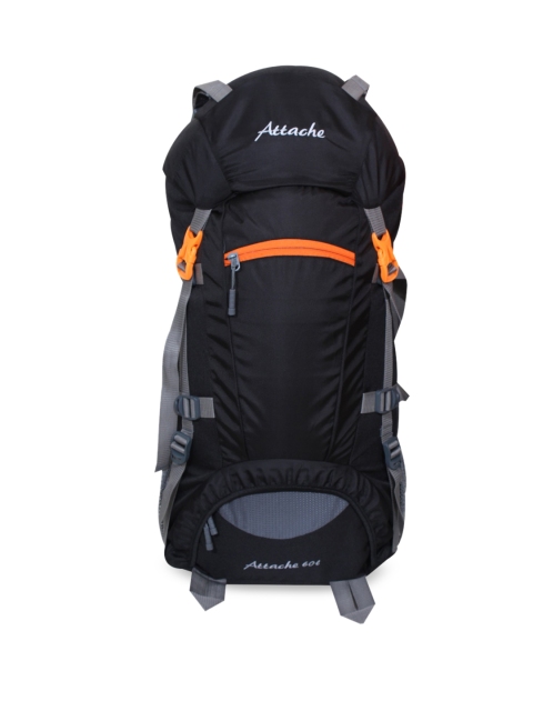 

ATTACHE Unisex Black & Grey Brand Logo Hiking Backpack 60Lts With Rain Cover Rucksack