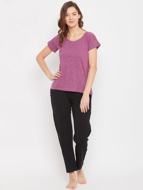 

Clovia Women Purple & Black Striped Night Suit