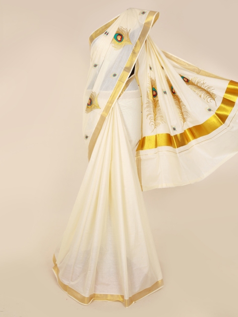 

Pothys Off-White & Gold-Toned Pure Cotton Embroidered Saree