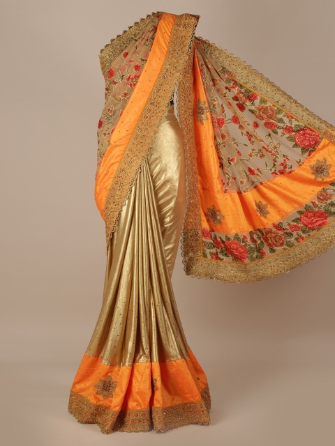 

Pothys Gold-Coloured & Orange Jute Silk Embellished Saree