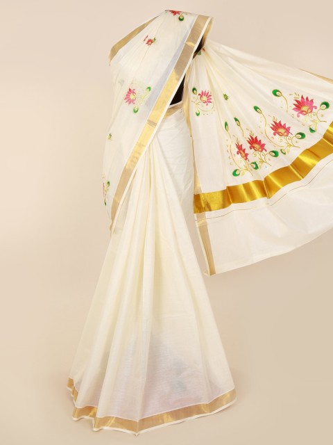 

Pothys Off-White & Gold-Toned Pure Cotton Embroidered Saree