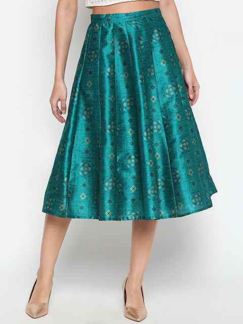 

People Women Green & Blue Ethnic Printed Pleated Skirt
