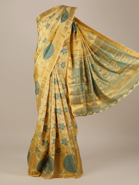 

Pothys Yellow & Blue Jute Silk Floral Woven Design Saree