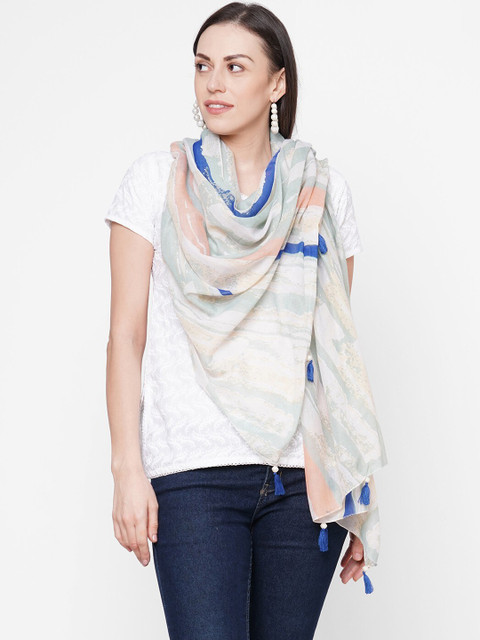 

Get Wrapped Women Beige & Blue Printed Scarf with Tasselled Border