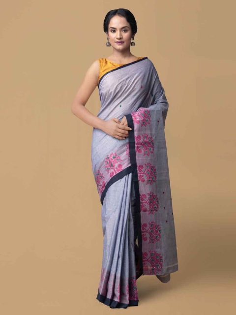 

Unnati Silks Blue & Pink Pure Cotton Solid Handloom Uppada Saree