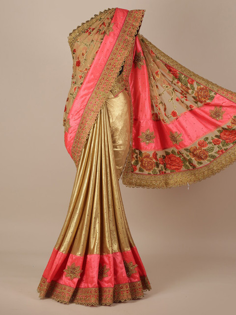 

Pothys Gold-Toned & Pink Jute Silk Embellished Saree