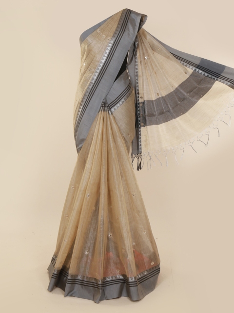 

Pothys Grey & Beige Polycotton Colourblocked Banarasi Saree