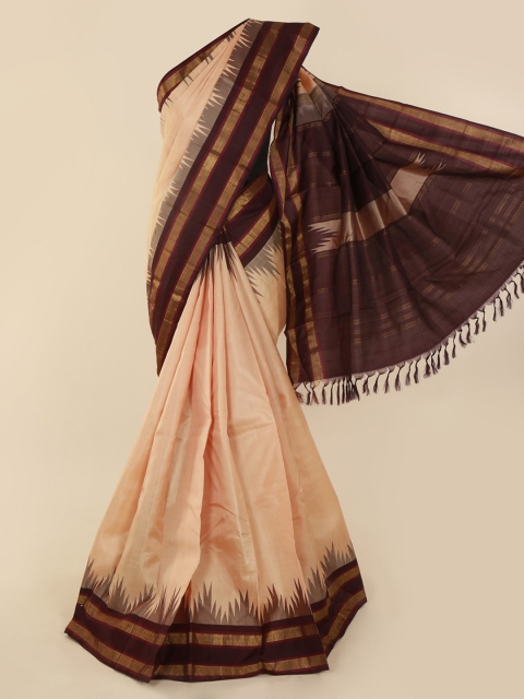 

Pothys Beige & Brown Pure Silk Solid Kanjeevaram Saree