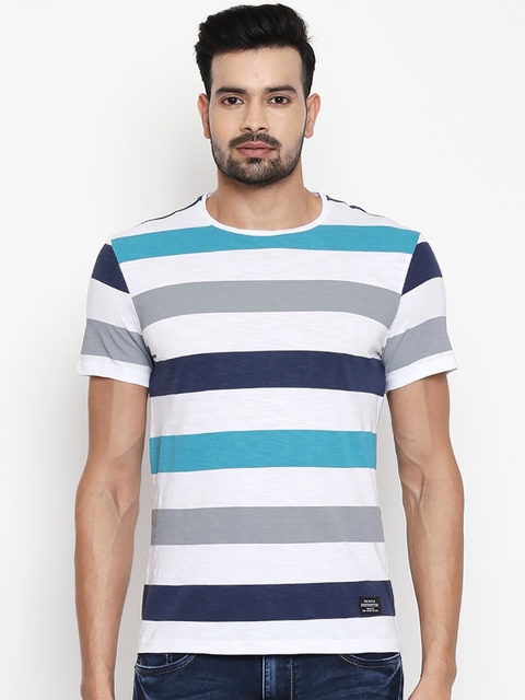 

People Men Blue Striped Round Neck Cotton T-shirt