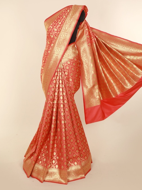 

Pothys Peach-Coloured & Gold-Toned Art Silk Checked Banarasi Saree