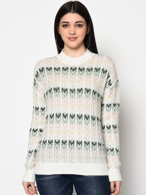 

METTLE Women White & Green Printed Pullover Sweater