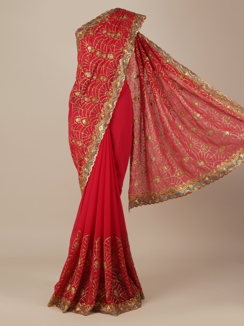 

Pothys Pink & Gold-Toned Poly Georgette Embroidered Saree