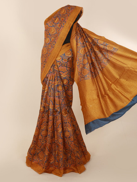 

Pothys Blue & Yellow Jute Silk Printed Saree