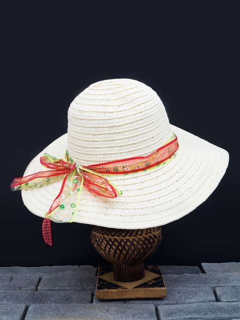 

Golden Peacock Women White & Red Woven-Design Straw Sun Hat