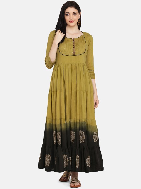 

Saanjh Women Olive Green & Black Printed Anarkali Kurta