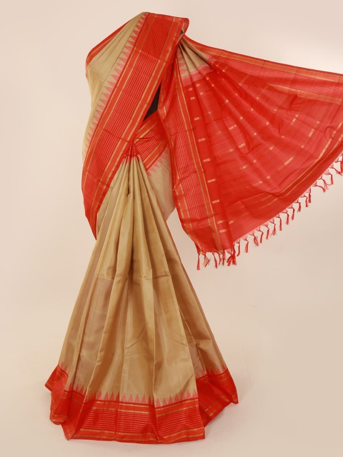 

Pothys Cream-Coloured & Orange Pure Silk Solid Kanjeevaram Saree