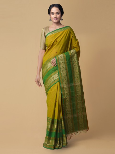 

Unnati Silks Green Pure Cotton Solid Handloom Kanjeevaram Saree