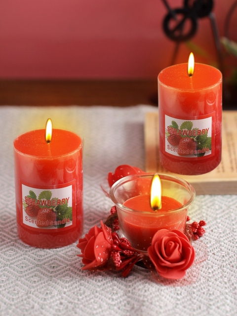 

Aapno Rajasthan Set Of 3 Red Strawberry Scented Glass Jar & Pillar Candles