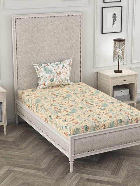 

Portico New York Peach-Colour & Green Floral Printed 144 TC Cotton Single Bedsheet With 1 Pillow Cover