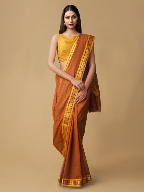 

Unnati Silks Brown & Gold-Toned Pure Cotton Woven Design Chettinad Saree