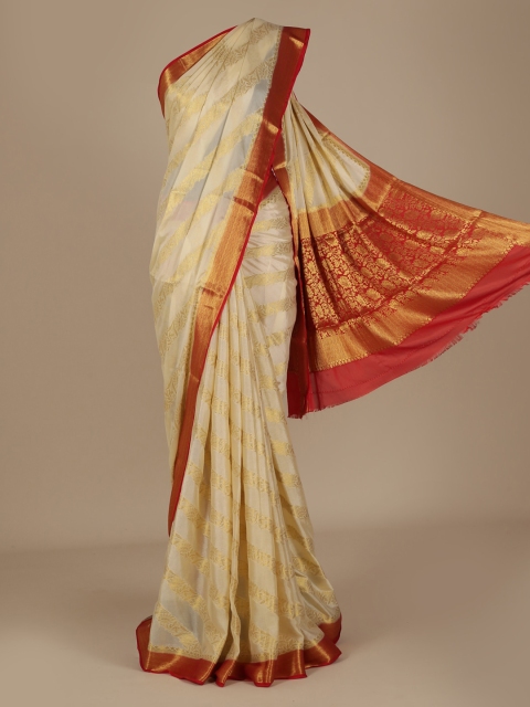 

Pothys Cream-Coloured & Red Poly Chiffon Printed Saree