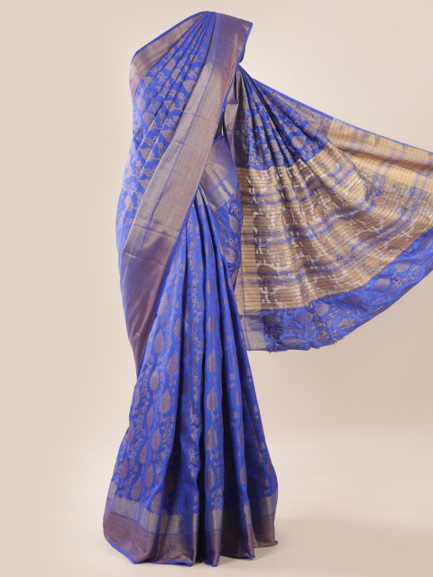 Pothys Blue Printed Jute Silk Saree