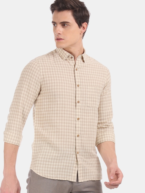 

True Blue Men Beige Slim Fit Checked Linen Casual Shirt