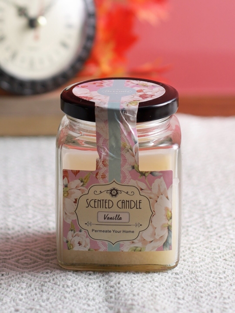 

Aapno Rajasthan Cream-Coloured Vanilla Scented Square Glass Jar Candle