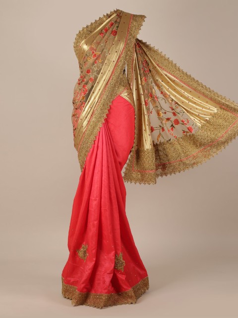 

Pothys Gold-Coloured & Pink Jute Silk Embellished Saree