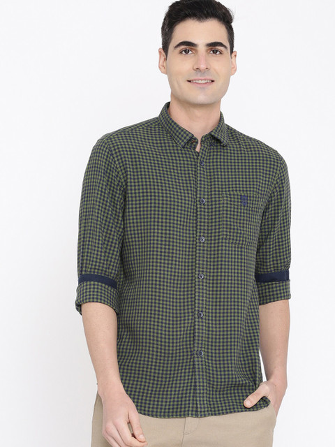 

True Blue Men Green & Navy Blue Regular Fit Cotton Checked Casual Shirt