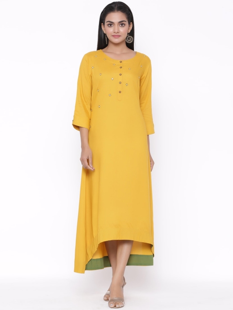 

fabGLOBAL Women Yellow Yoke Design A-Line Kurta