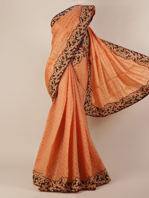 

Pothys Peach-Coloured & Maroon Jute Silk Printed Saree