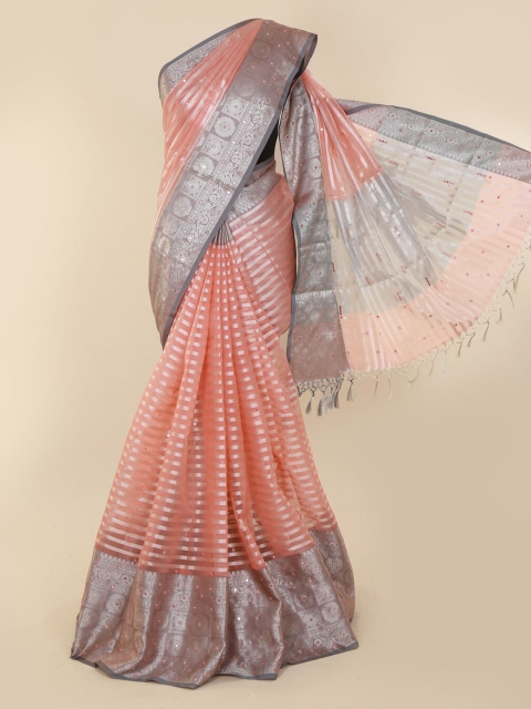 

Pothys Peach-Coloured Polycotton Checked Banarasi Saree