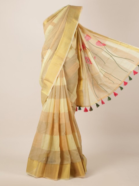 

Pothys Yellow Checked Linen Blend Saree