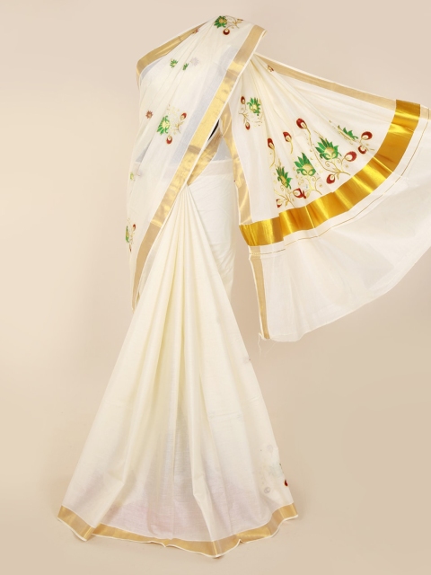 

Pothys Off-White & Gold-Toned Pure Cotton Embroidered Saree
