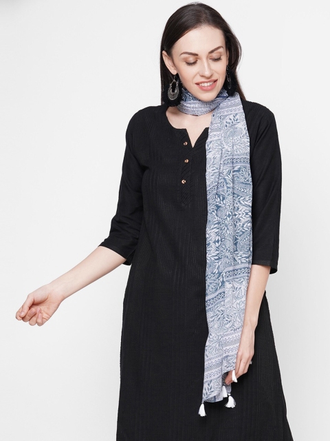 

Get Wrapped Women Grey & Blue Printed Scarf Tasselled Border