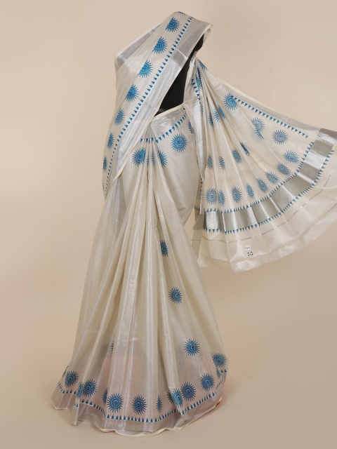 

Pothys Off-White & Blue Pure Cotton Solid Kasavu Saree