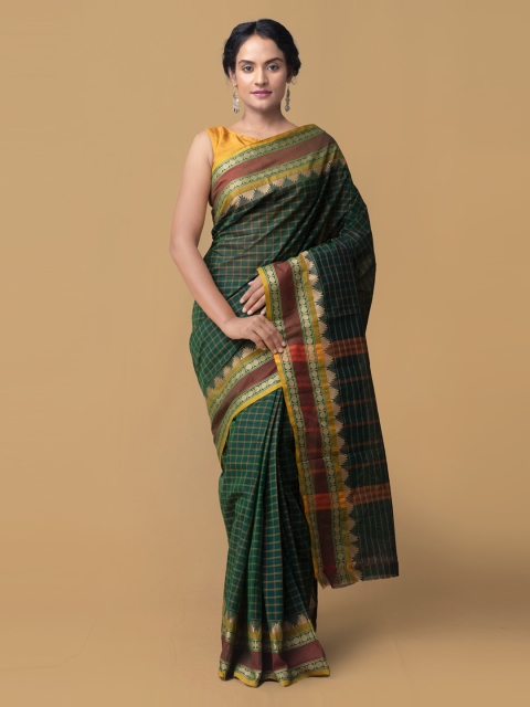 

Unnati Silks Green & Gold-Toned Pure Cotton Checked Chettinad Saree