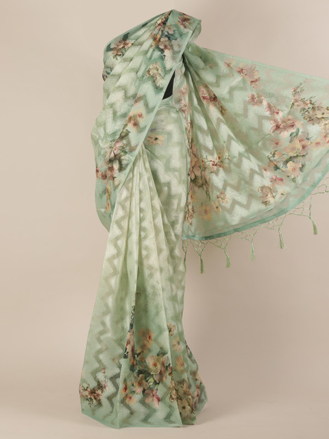 

Pothys Green Printed Linen Blend Saree