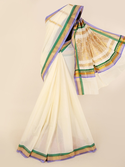 

Pothys Off-White & Gold-Toned Pure Cotton Solid Kasavu Saree