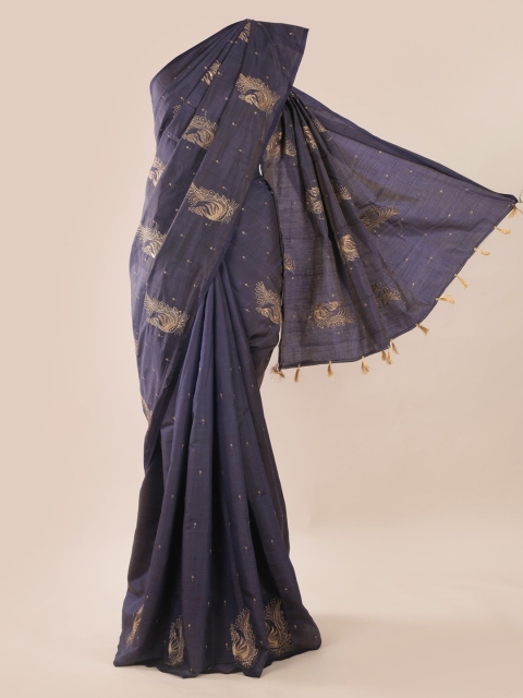 Pothys Navy Blue Embroidered Jute Silk Saree
