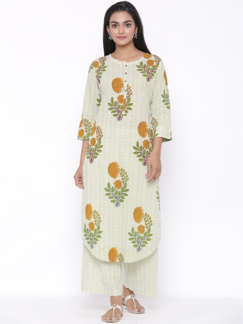 

fabGLOBAL Women Green & Mustard Yellow Printed Kurta with Palazzos