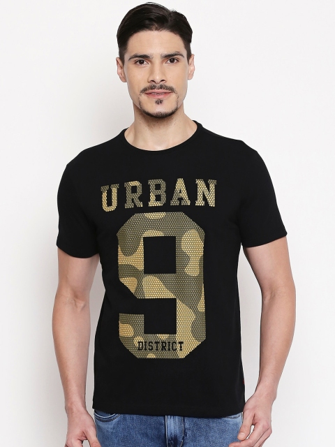 

People Men Black Printed Round Neck Pure Cotton T-shirt