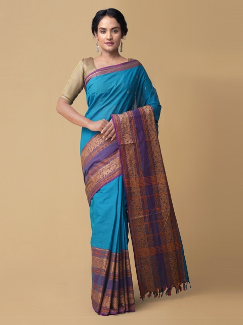 

Unnati Silks Blue Pure Cotton Solid Handloom Kanjeevaram Saree