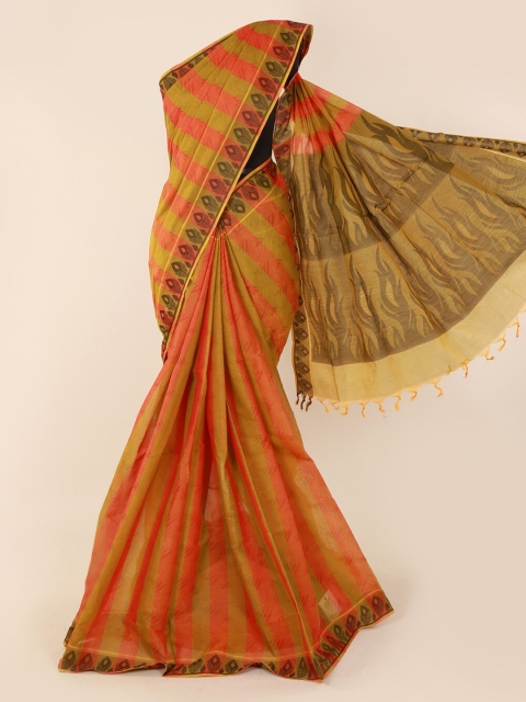 

Pothys Pink & Olive Green Pure Cotton Striped Saree