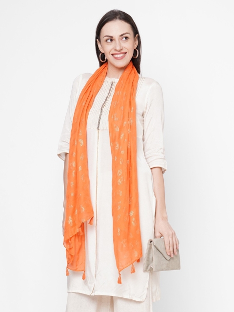 

Get Wrapped Women Orange & Gold Coloured Printed Scarf with Tasselled Border