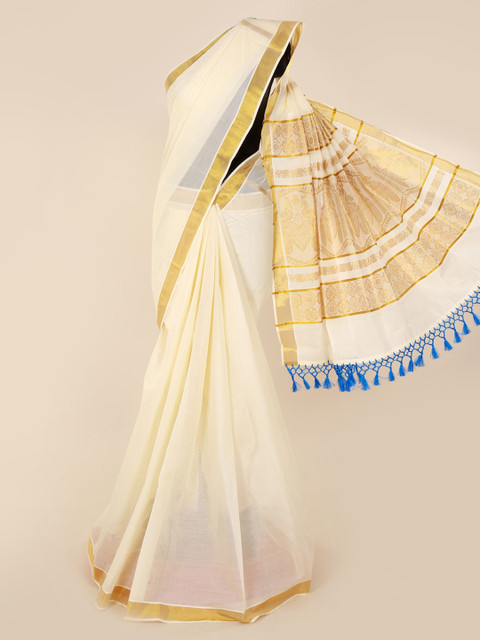

Pothys Off-White & Gold-Toned Pure Cotton Solid Saree